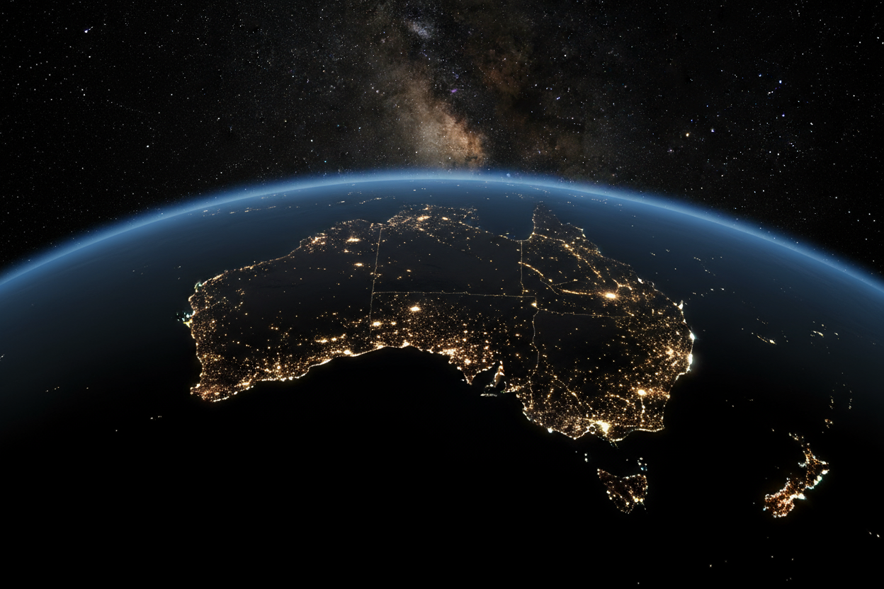map of australia at night time with lights on in the city's at night time